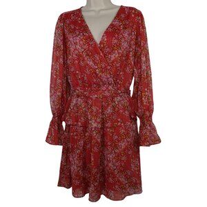 LC Lauren Conrad Red Coral Floral Long Sleeve Faux Wrap Dress Women Size M